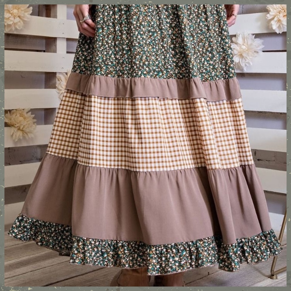 EASEL "Mix & Match" Gingham & Floral Print Ruffle Trim Tiered Maxi Skirt & Dress - Picture 8 of 16
